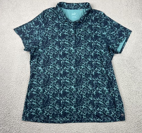 Puma Golf Polo Shirt Womens XL Stretch Short Sleeve Button Up Top Teal Pattern
