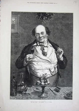 Original Old Antique Print 1876 Jolly Man Christmas Drink Holly Table Food Art