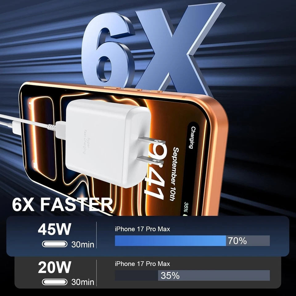 Fast Charging, 45W USB C iPhone 17/16 Super Fast Charger Block with 10ft Long Ty - Image 3 of 4