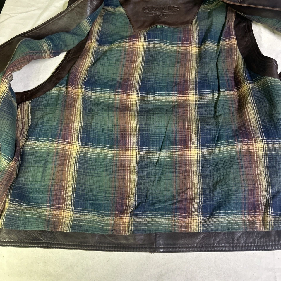Chaleco de Cuero Orvis Para Hombres M Marrón Western Ranch Chaleco 4 Botones Forro a Cuadros Foto 3 de 4