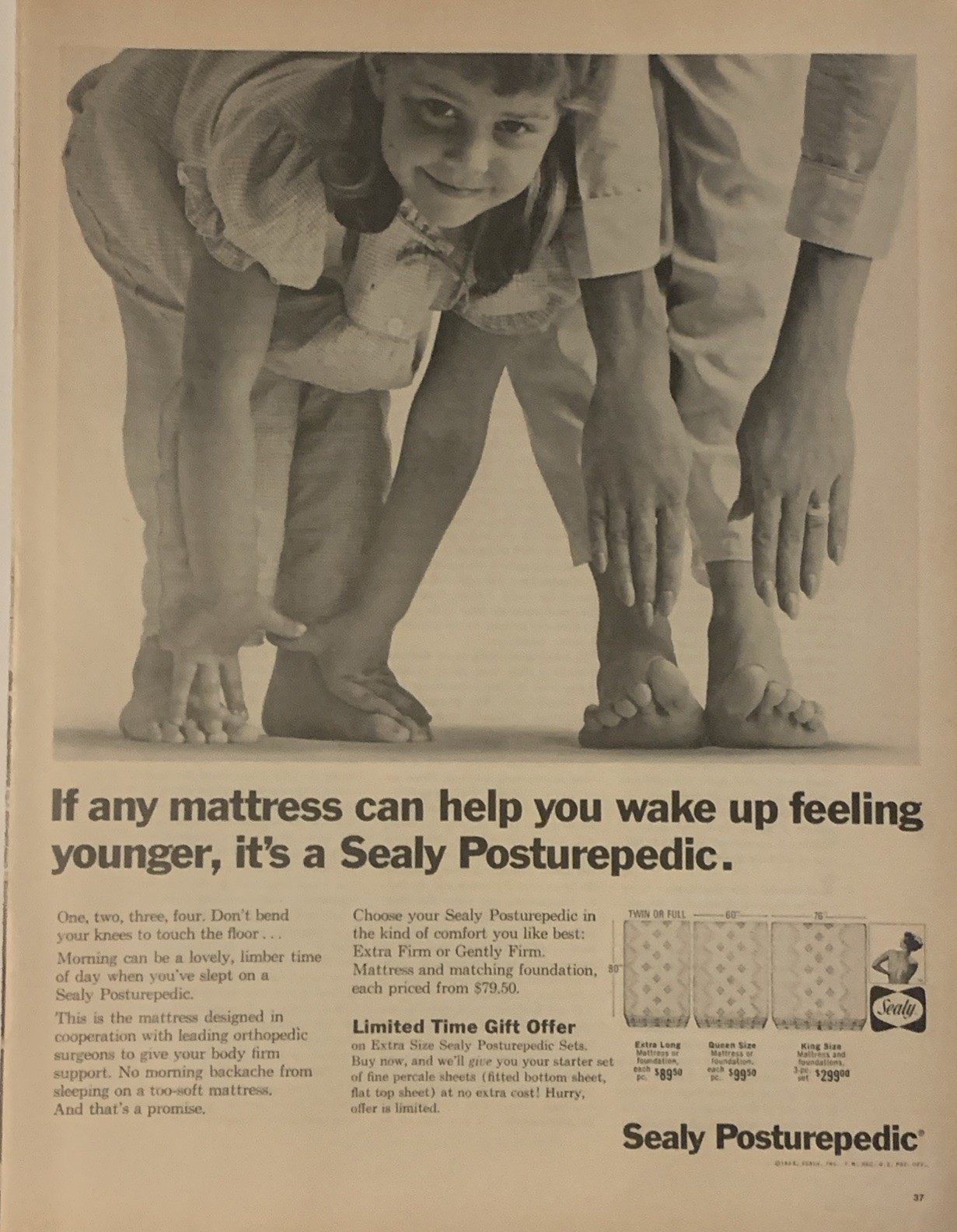 1965 Sealy Posturepedic Mattress PRINT AD Wake Feel Younger VTG 1960s Touch Toes
