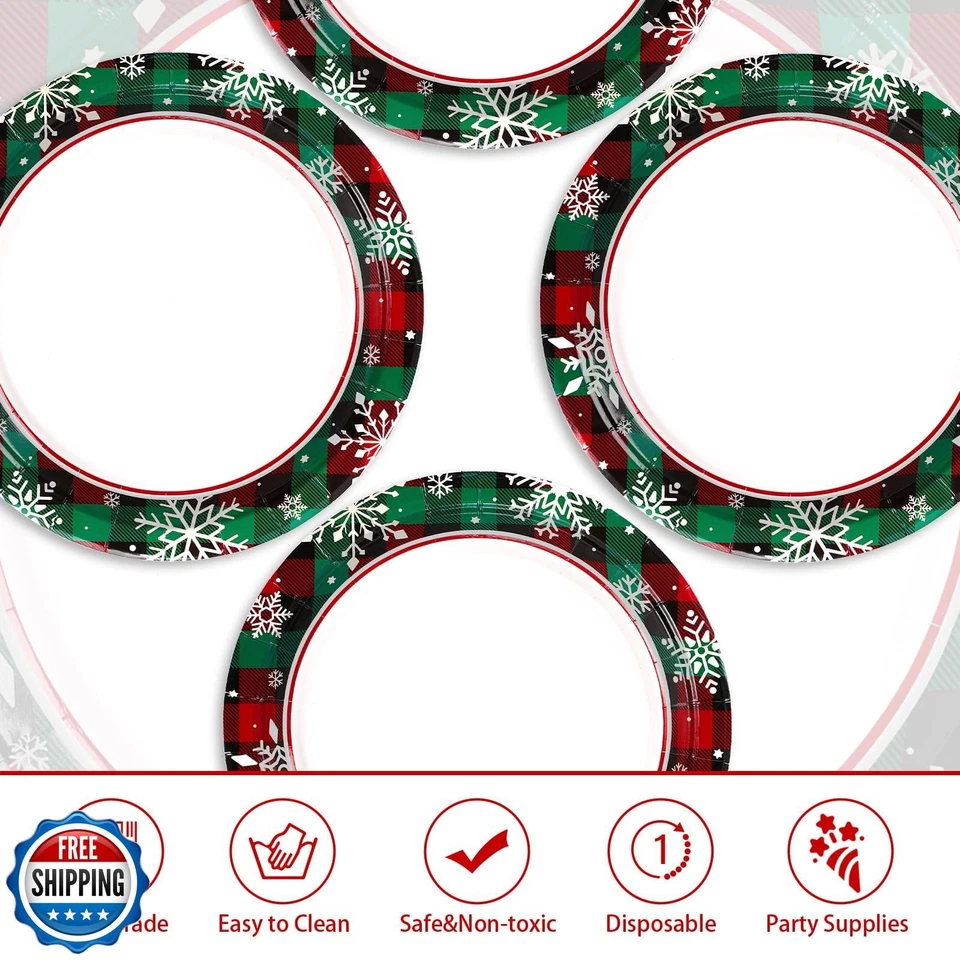 50 Pcs Christmas Buffalo Plaid Snowflake Paper Plates 9" Red and  - Image 4 of 4
