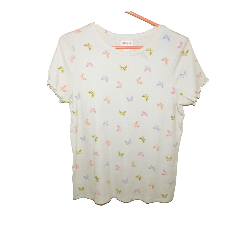 NWT Girl's Cat and Jack Sand Color Butterfly Print Ribbed  Top size 16/18