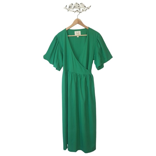 Women's 'Boho Bird' Size 14 Green Puff Sleeve Cotton Blend Wrap Dress Pockets