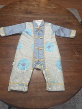 Traditional Childs Chinese 1 Pc Outfit 3/4T Gold  Blues Brocade Knot Frog/snap