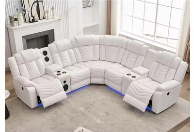 White Electric Reclining Sectional Sofa LED Lights Speakers L-Shaped Couch