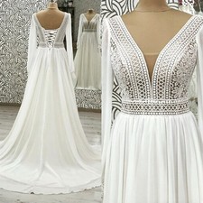 Puffy Chiffon Long Sleeve Beach Wedding Dress Elegant Boho Bride Gowns Lace Up