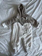 Baby Fox Fleece All In One Hooded Romper Pramsuit Grey White 0-3 Months