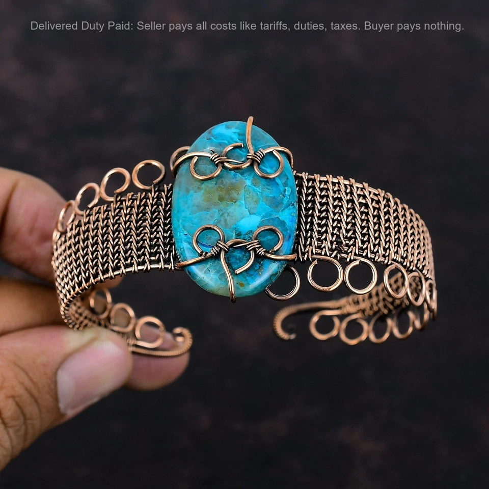 Овальная натуральная помолвочная манжета из хризоколлы с проволокой Cyber Monday Deal медь - Изображение 2 из 4