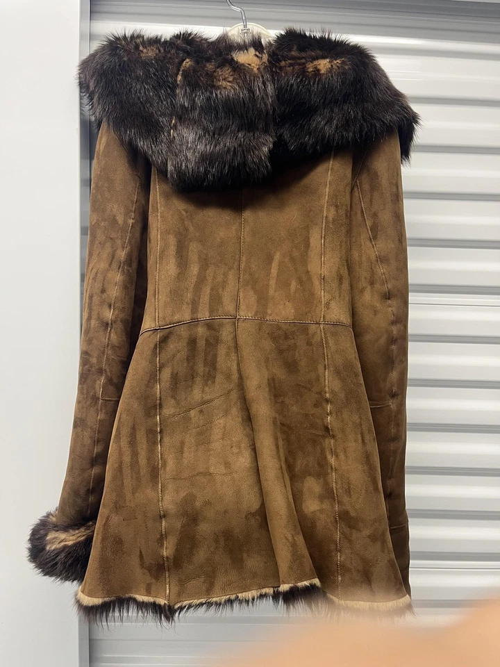 Ike & Jack Coat Womens XL Brown Shearling Suede Hooded Fur Trim Sheepskin - Image 2 of 4