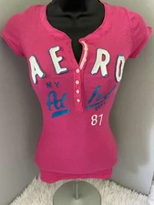 NWT AEROPOSTALE VNeck Short Sleeve Ribbed Henley Juniors/Women Pink/Blue
