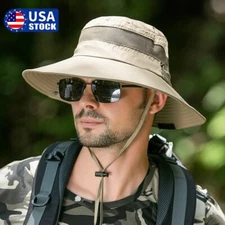 Men Wide Brim Sun Hat UV Protection Bucket Cap Hiking Camping Fishing Safari USA