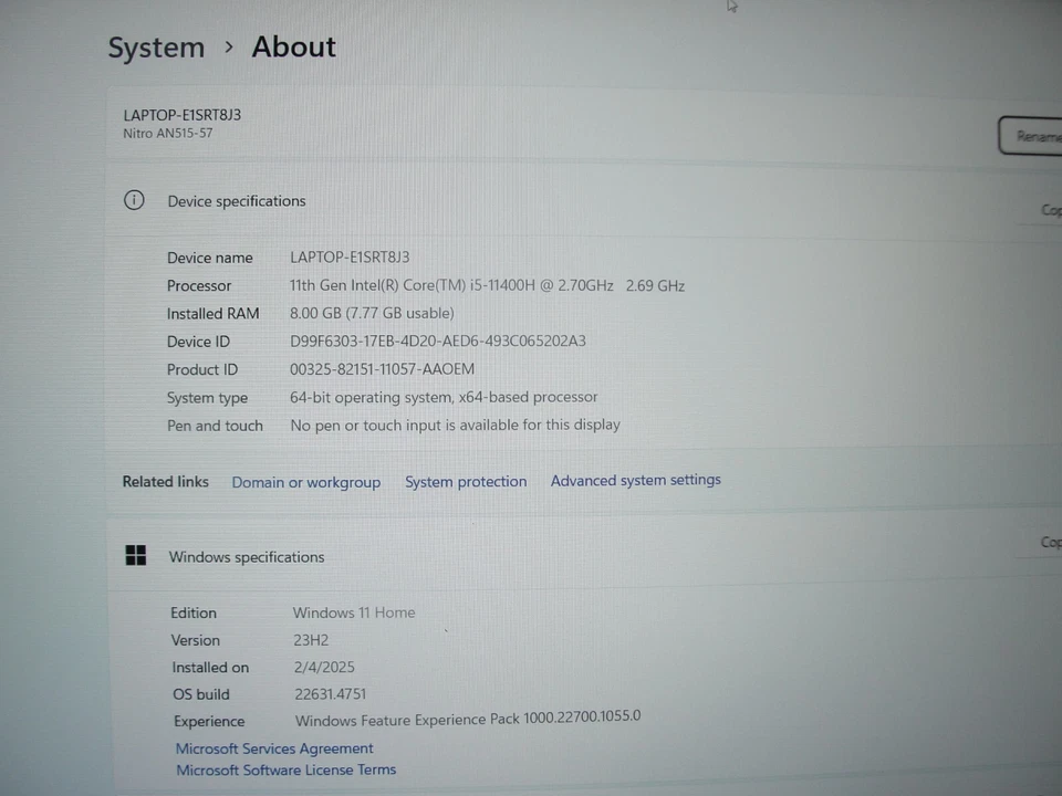Acer Nitro 5 AN515-57 15.6” FHD i5-11400H 2.7GHz 8GB SSD 256GB NV GeForce GTX - Image 4 of 4