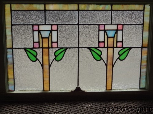 Stained Glass Window With Square Flowers 32 5 X 21 Ebay
