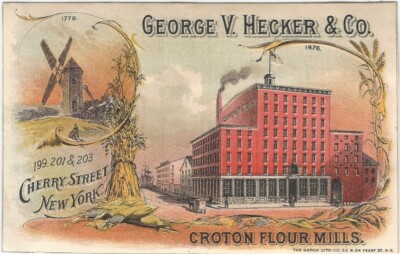 Hecker Flour Mill New York Original Victorian Trade Card Mill Building Windmill
