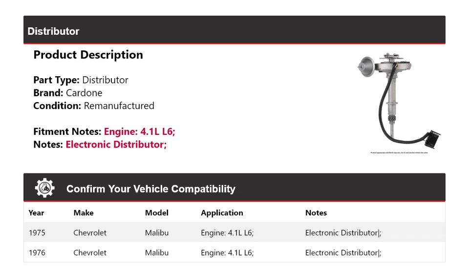 Para Chevrolet Malibu 1975-1976 4,1 L L6 Distribuidor Cardone Foto 2 de 4