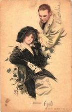 Beautiful Woman Sitting With A Man Standing Behind Her Back Art Postcard