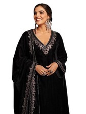 Women's Velvet Embroidery Salwar Suit Set A line Kurta Pant with Dupatta