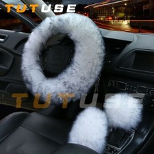 Universal 3pcs Fur Wool Furry Fluffy Thick Car Steering Wheel Cover Black White