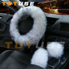 Universal 3Pcs Fur Wool Furry Fluffy Thick Car Steering Wheel Cover Black White