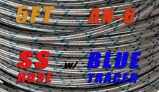 -6 AN 3/8" Blue Tracer Braided Stainless Steel Fuel Line Hose 5 FT