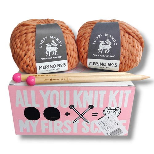 Loopy Mango Merino Wool DIY All You Knit My First Scarf Camel Knitting Kit NEW - Picture 2 of 4