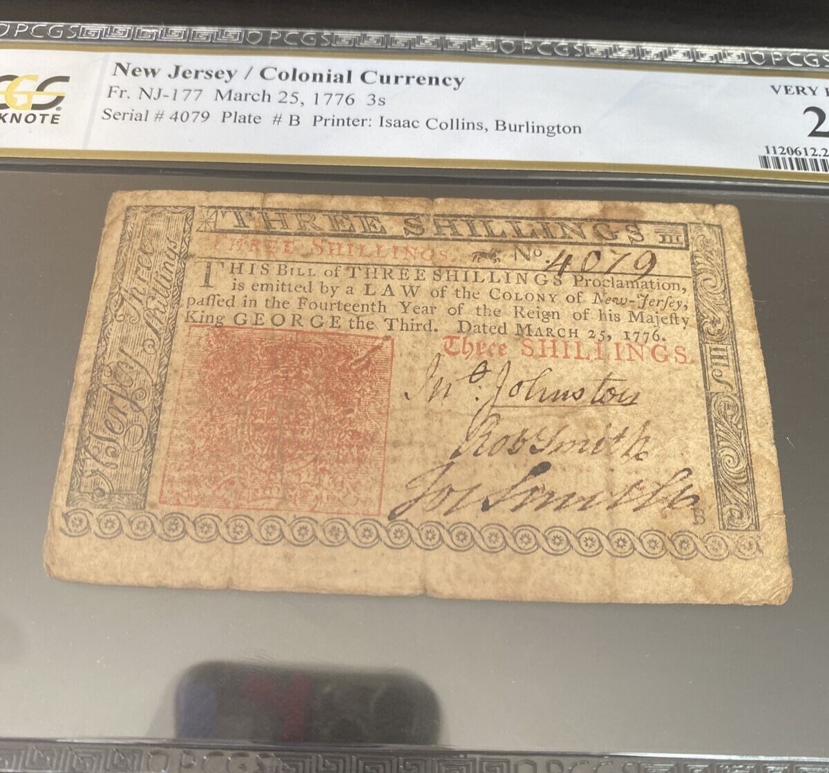 US Colonial Currency, New Jersey 3 Shillings, March 25, 1776 (Fr. NJ