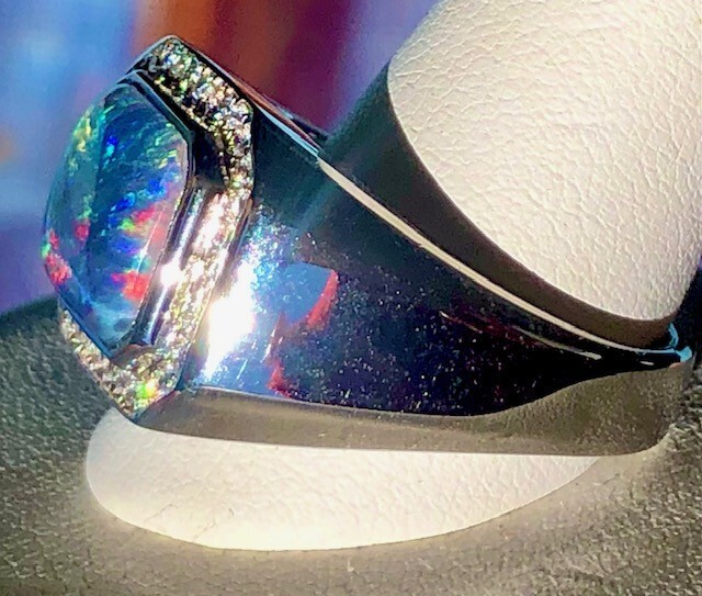 Mens Solid Black Opal Signet ring 9 Red Blue FIRE Halo Heavy Sterling ring VIDEO image 10