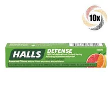 10x Packs HALLS Defense Assorted Citrus Vitamin C Cough Drops - 9 Drops Per Pack