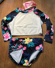 Kanu Surf Girls' Long Sleeve Rashguard Two Piece Swim Set, Brooke Crop Black, 2T