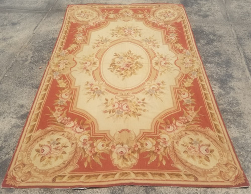 Vintage French Floral Needlepoint Handmade Multicolor Rug Wool Carpet 236x146 cm