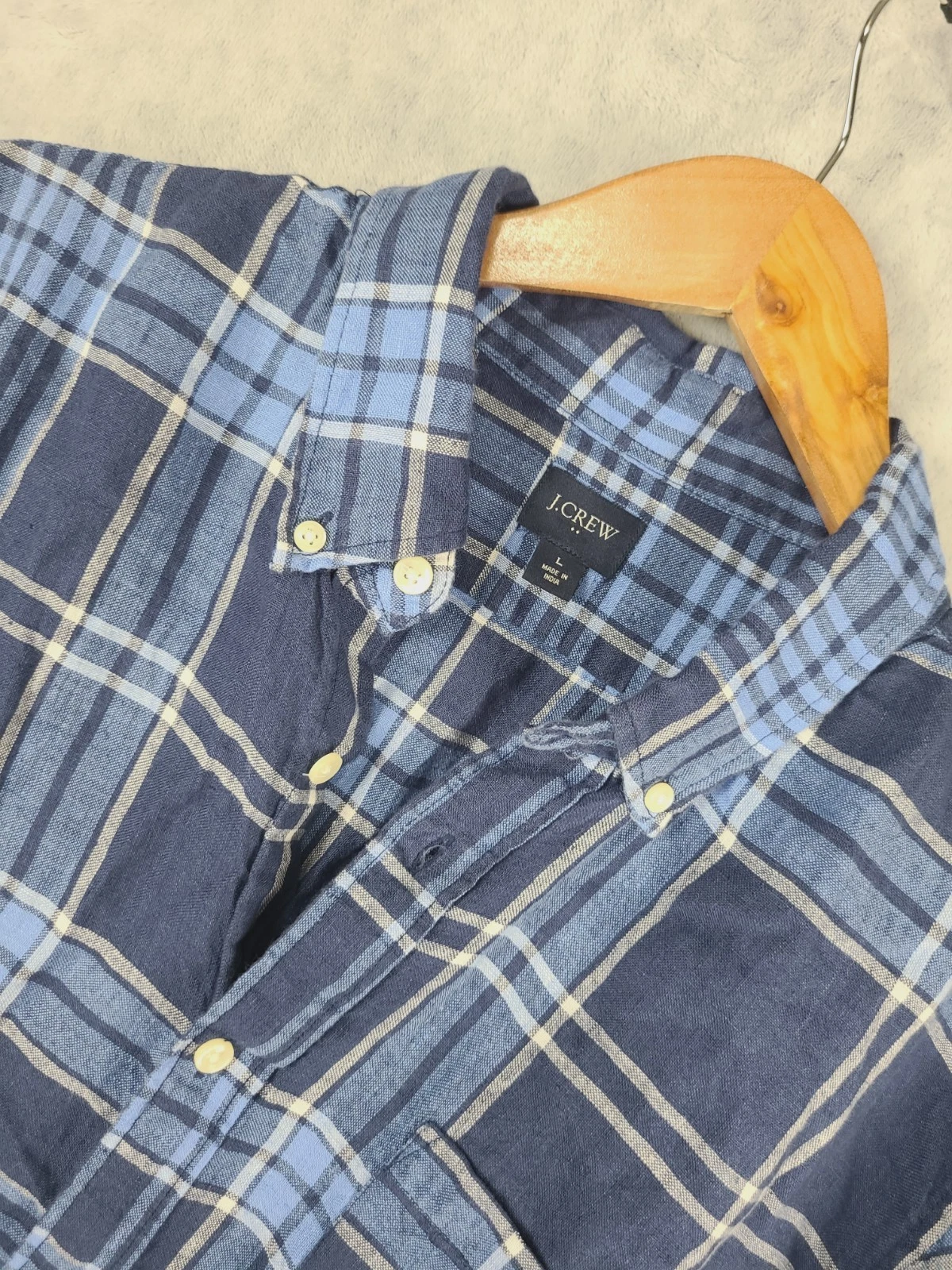 J Crew Shirt Mens L Blue Plaid Linen Long Sleeve Button Down Lightweight