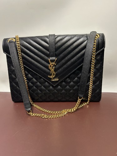 Saint Laurent YSL Envelope Large Black Grain Leather Gold Chain Shoulder Bag