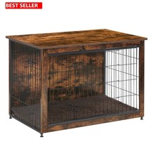 Dog Crate Furniture Wooden Kennel Side End Table Rustic Brown Cushion Indoor Pet