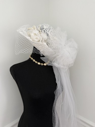 Vintage bohemian Bridal Hat with Veil White Lace Net Wedding Church 60" long