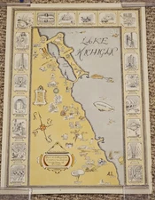 Original 1933 Chicago World's Fair Poster Chart Of Exposition Lake Michigan...
