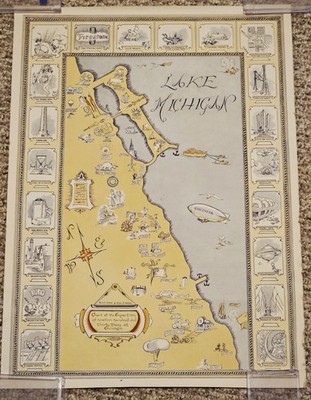 Original 1933 Chicago World's Fair Poster Chart Of Exposition Lake Michigan...