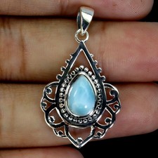 925 Sterling Silver Pendant Pear Cab Larimar 9x6mm Natural Gemstone Jewelry
