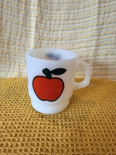 Fire King Apple Mug Milk Glass Vintage Anchor Hocking 3.5” Tall USA Stackable