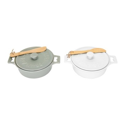 Creative Co-Op Brie Bakers 7'' Round, White and Mint Green, Grey 