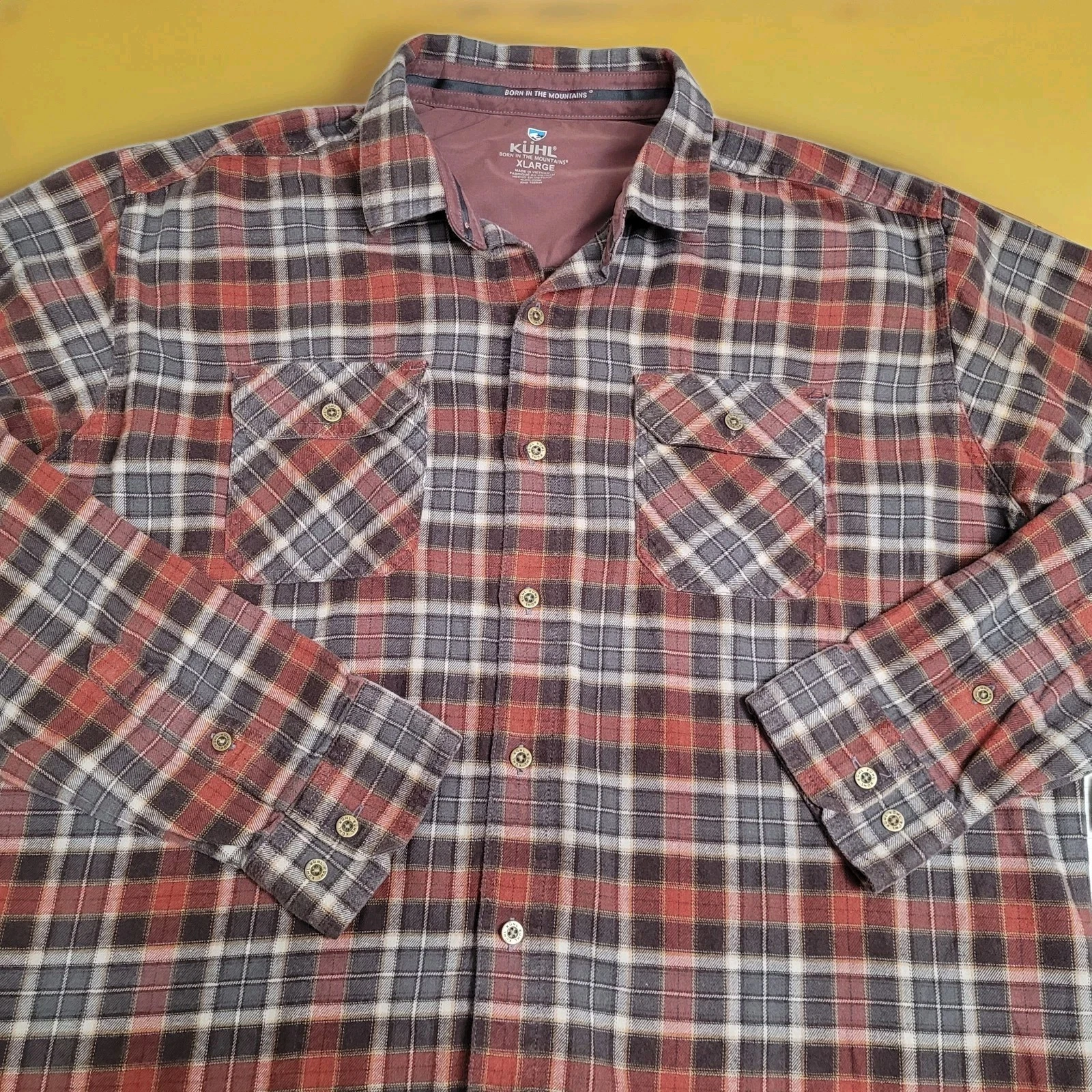 🌲KÜHL Shirt Mens XL Dillingr Long Sleeve Flannel Brown Plaid Hike Gorpcore