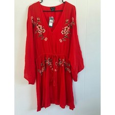 City Chic Seville Tunic Dress Red Floral Embroidered Boho V-Neck Plus Size M 18