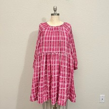 MADEWELL Shirred Babydoll Mini Dress Womens Sz L Plaid Balloon Sleeve Peasant