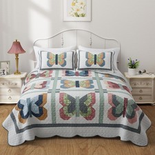 King Size Quilt Butterfly Bedding Set 100 Cotton Patchwork Farmhouse Heavy B...