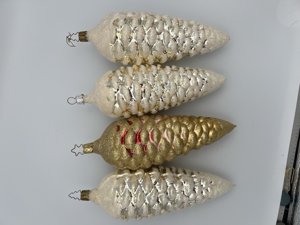 Window Forst Vintage Glass Pinecone Christmas Ornaments Lot of 4 Large Glitter ...