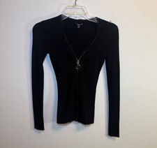 GUESS Los Angeles Black Ribbed Knit O-Ring Zip-Front Cardigan Y2K