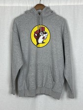 Buc-ees Hoodie Mens sz LARGE Gray Graphic Beaver Fleece Pullover Sweatshirt Logo