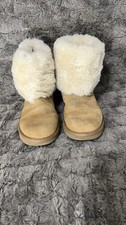 Ugg Tan Suede Shearling Fold-over Slippers With Cream Cuff Size 6
