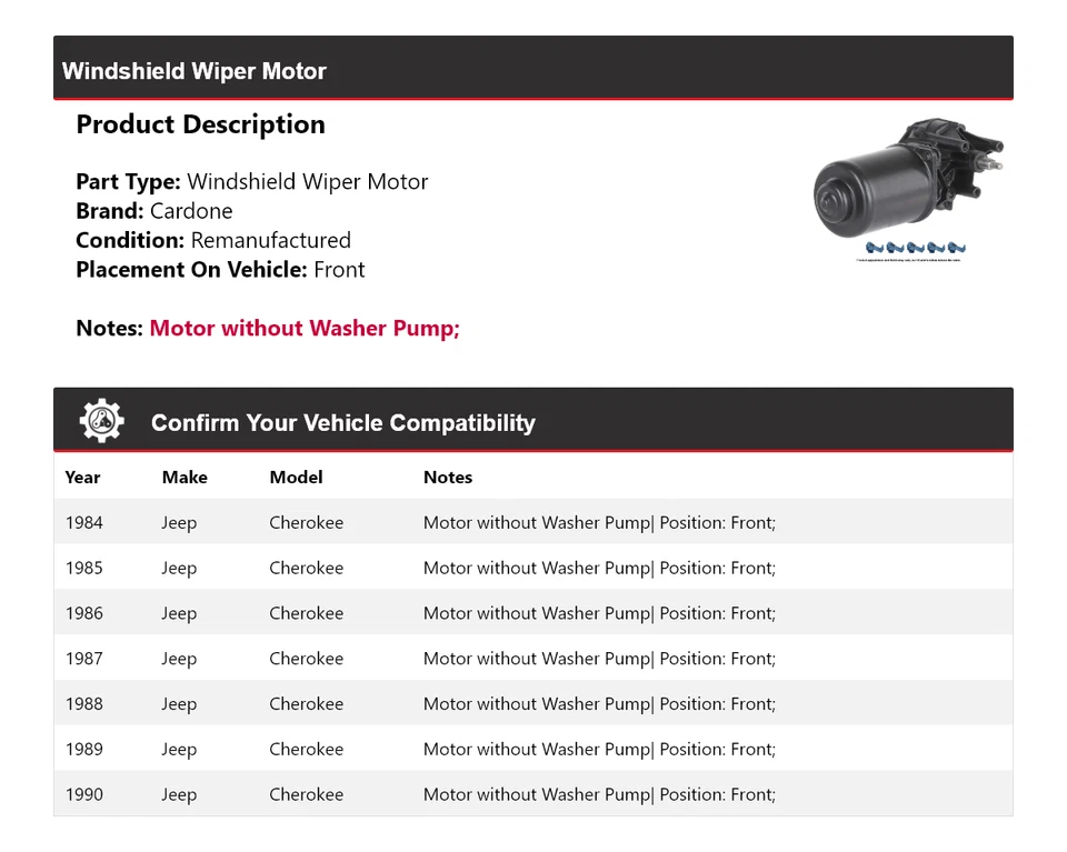 Para Jeep Cherokee 1984-1990 Limpiaparabrisas Motor Delantero Cardone 1985 1986 1987 Foto 2 de 4