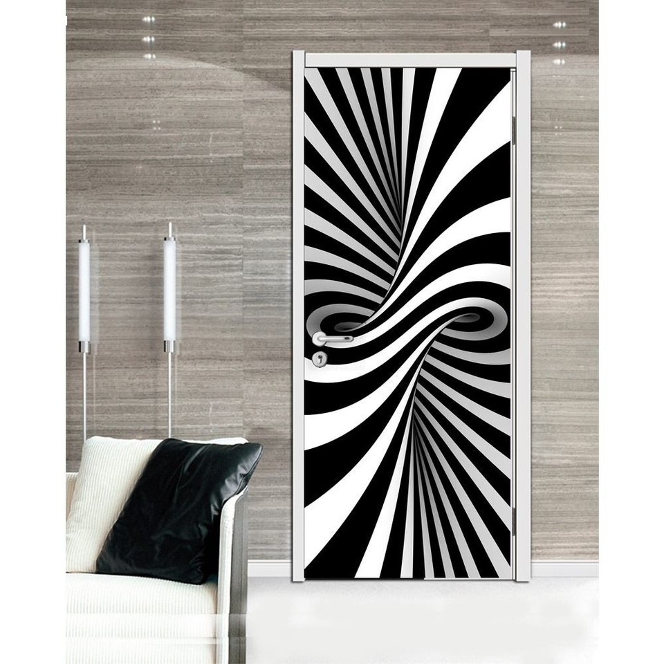 Waterproof Black and White Twisted Stripes Wooden Door Wallpaper
